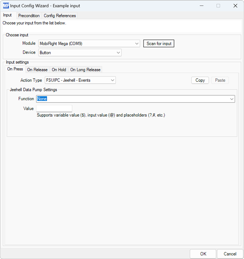 Screenshot of a button input with the FSUIPC - Jeehell - Events action type selected.
