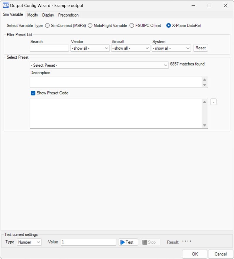 Screenshot of an output configuration with the X-Plane DataRef output variable type selected and the Show Preset Code checkbox checked.