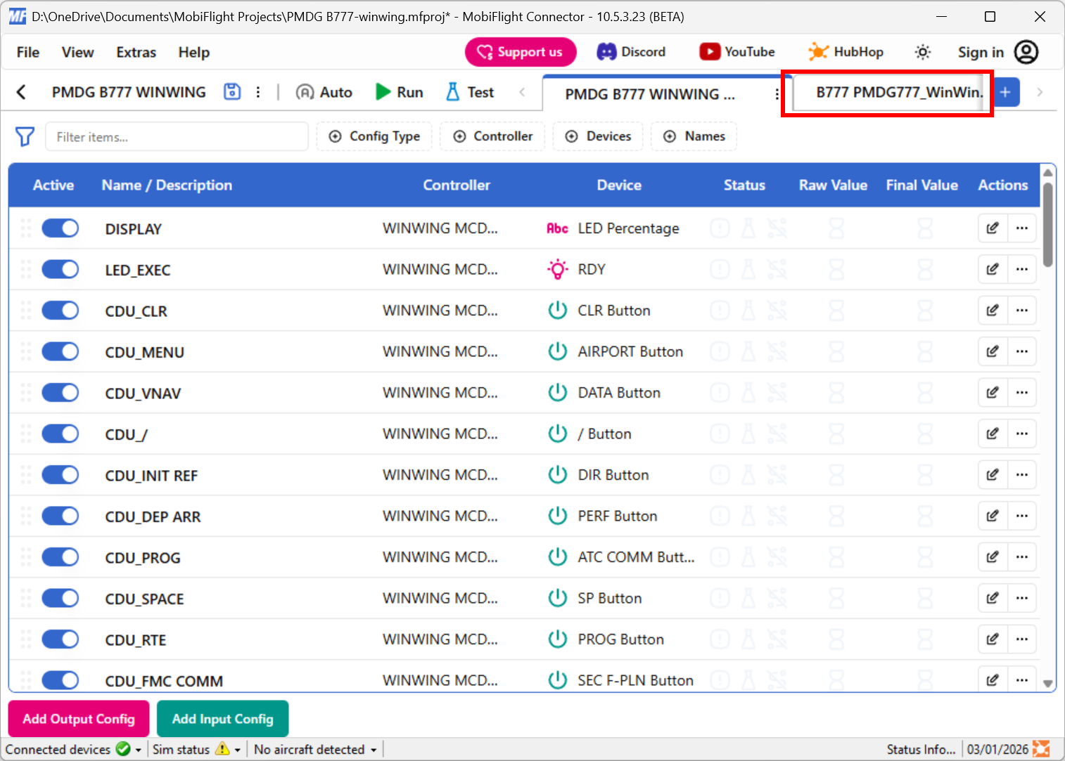 Screenshot of an open MobiFlight project with an additional profile tab highlighted.