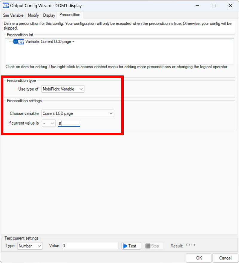 Screenshot of the Precondition tab with the Current LCD page variable selected and the precondition set to = 0.