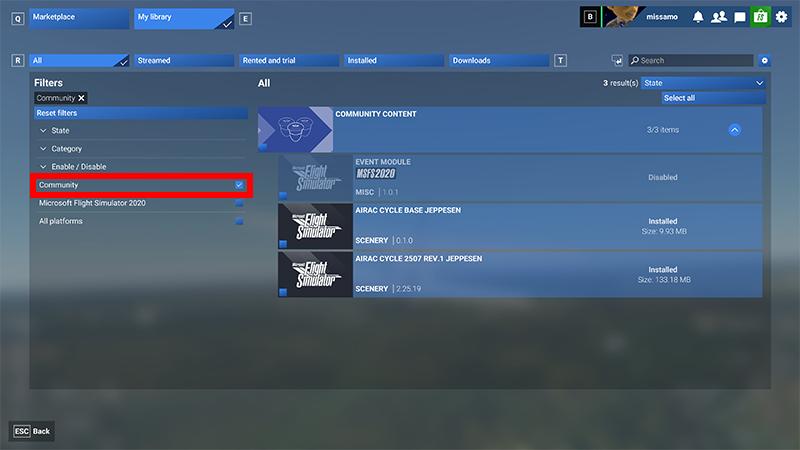 Screenshot of the Microsoft Flight Simulator 2024 My Library with Community packages filter applied.
