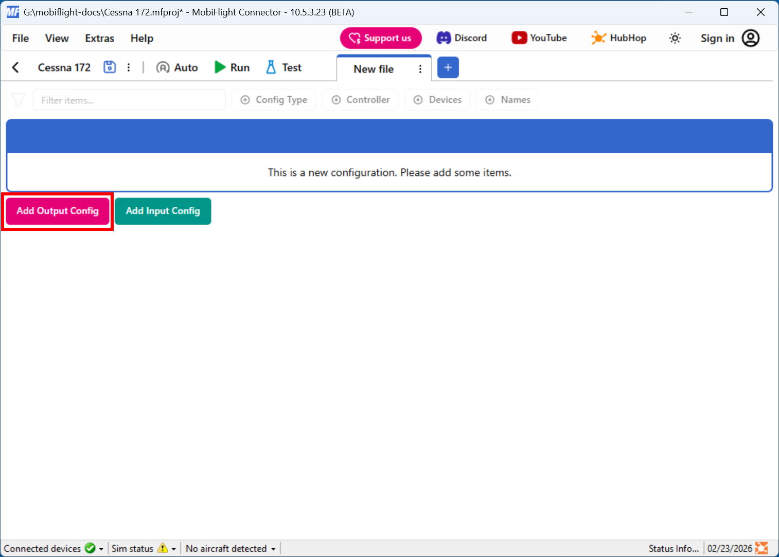 Screenshot of the main window with the Add Output Config button highlighted.